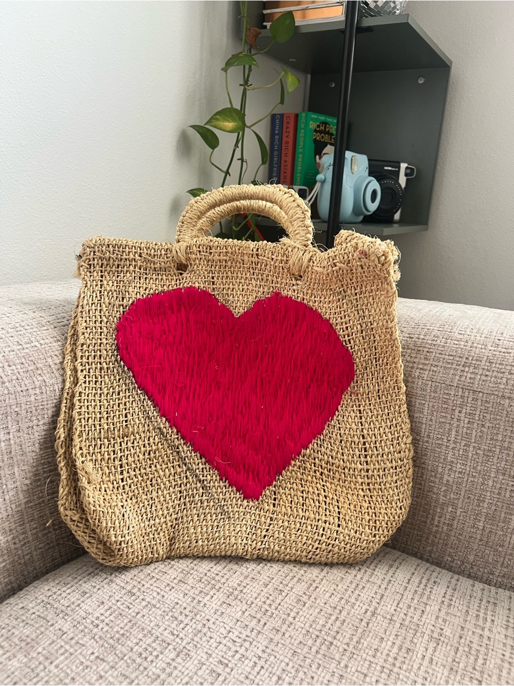 Handwoven Straw Tote with Red Heart Accent